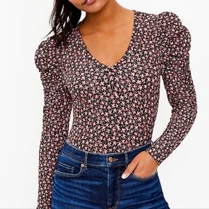 New LOFT Floral Puff Sleeve Ling Sleeved Top, Women’s XS, Black and Pink